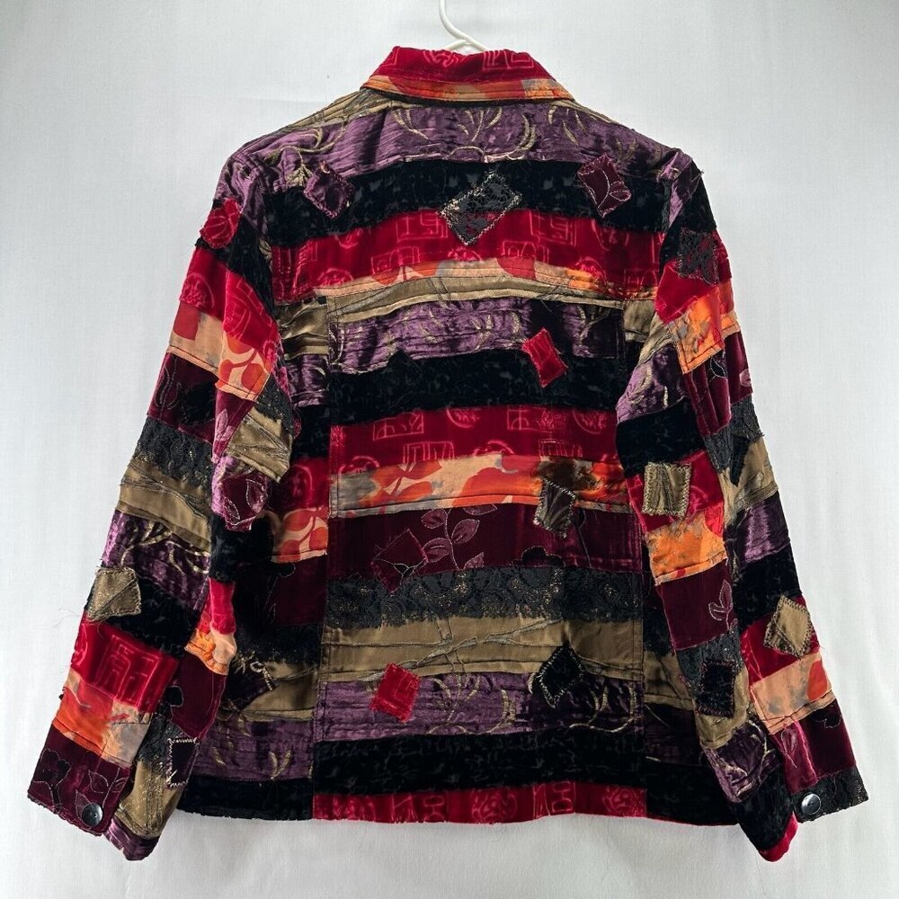 Chico's Design Jacket Size 1 M/8 Rayon Silk Velvet Patchwork Shacket Multicolor - Picture 2 of 10